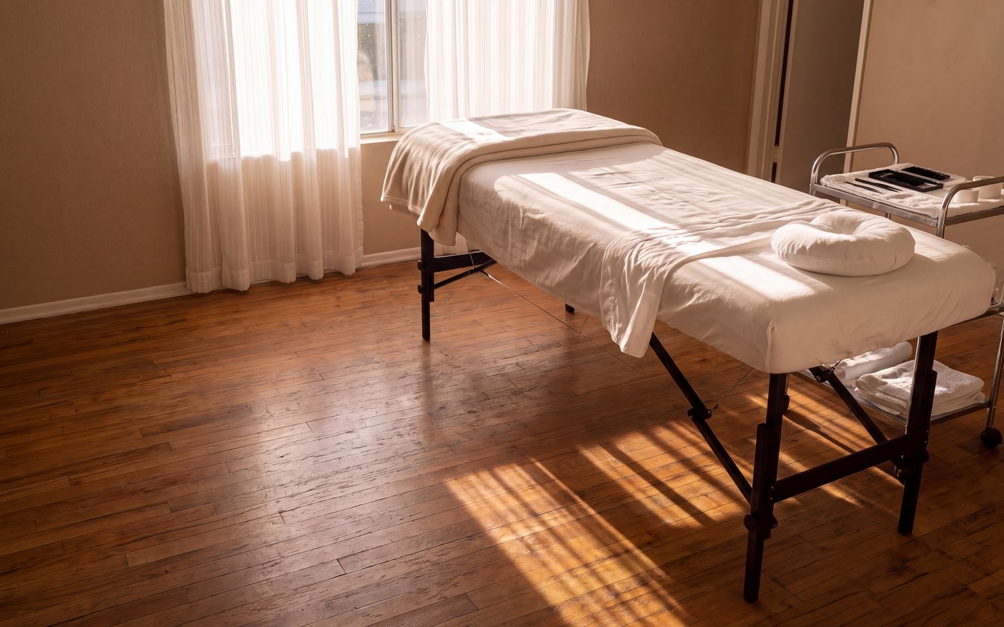 A professional portable lash bed on its black folding frame, made up in clean white linen with a face pillow, standing beside a curtained window in an ordinary Las Vegas bedroom at six in the morning. A chrome trolley of lash tiles and tweezers waits at the head end and low sun lays long bars of light across the wooden floor.